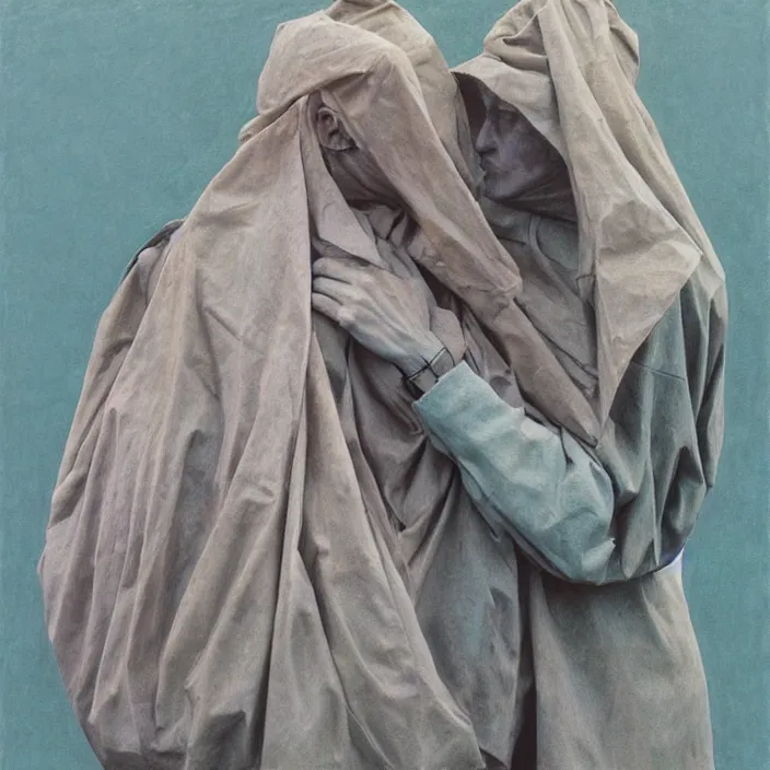 Prompt: two women hugging with a paper bag over the head, dressed in plastic bags, highly detailed, artstation, art by (((zdislav beksinski))), wayne barlowe, edward hopper