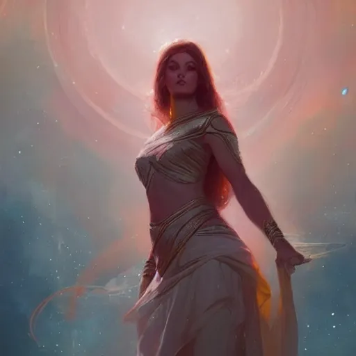 Prompt: a beautiful portrait of a cosmic goddess by Greg Rutkowski, Trending on Artstation, nebula background