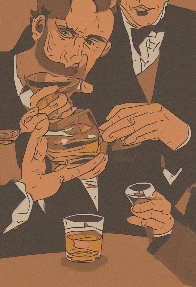 Image similar to a man drinking whiskey on his birthday, highly detailed 2 d illustration in matte colors