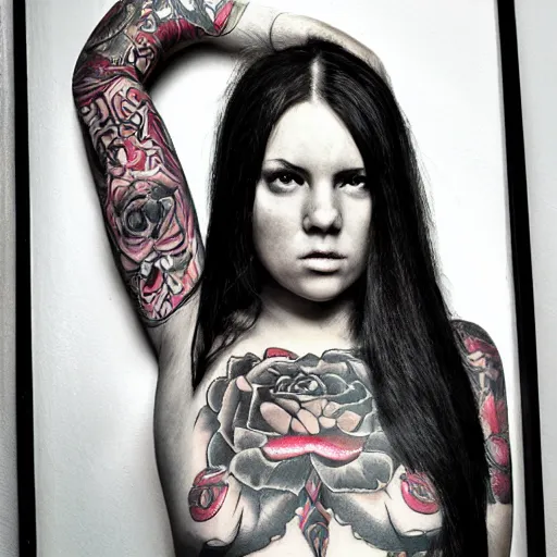 Image similar to big girl, long hair, tattooed face, photo