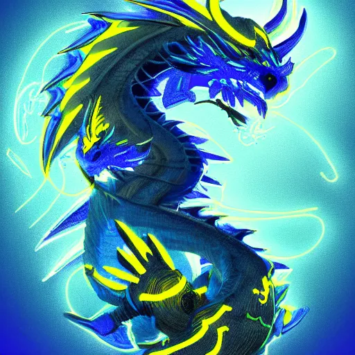 Prompt: illustration neon blue and yellow super cool dragon. trending on artstation