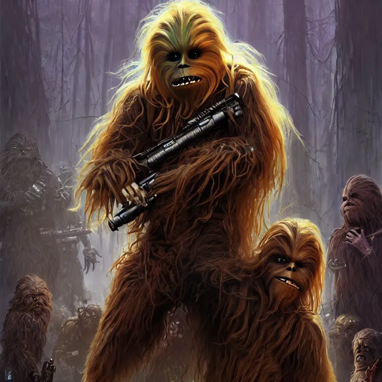 Image similar to scary horrific zombie chewbacca and wookies on the planet kashyyyk, dark star wars fantasy, body horror, sores and scars, undead. highly detailed, biopunk, digital painting, by greg rutkowski, artgerm and alphonse mucha
