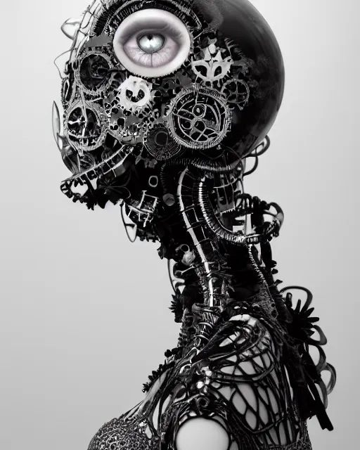 Image similar to black and white dreamy foggy smoky profile face portrait, one silver steampunk realistic eye biomechanical beautiful young female cyclope - cyborg - robot bust, body ribs meshes,, volumetric light, hibiscus flowers, by hg giger, rim light, by dora maar and cecile beaton, big gothic fashion pearl embroidered collar, 8 k