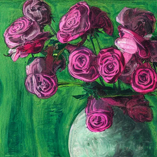Prompt: abstract yet impressionistic painting of a green marble vase with dying pink roses inside against a green background