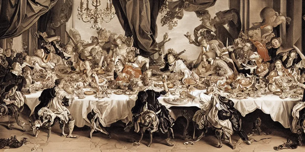 Prompt: rococo style drawing of designer get together to feast on a big table with lots of food and computers