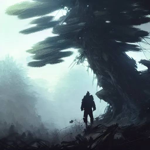 Image similar to man in the desolate forest looking for wifi by Akihito Yoshitomi AND Yoji Shinkawa AND Greg Rutkowski, Mark Arian trending on artstation