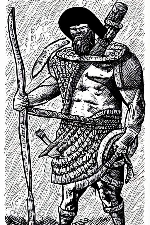 Image similar to ancient historically accurate depiction of the Bible Character Goliath of Gath, the Philistine warrior giant by mcbess