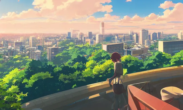 Image similar to Overlooking a modern city, summer sunny day, by Makoto Shinkai, super wide angle