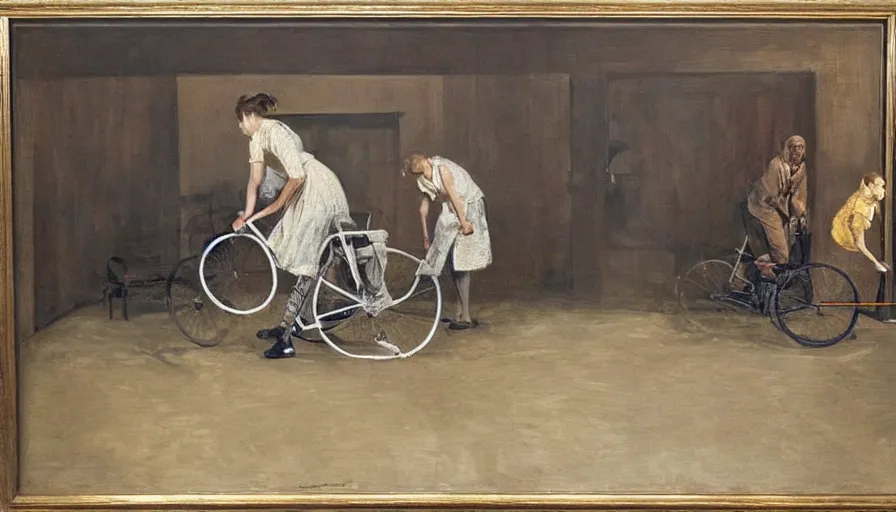 Image similar to painting by borremans, scene with bicycle on theatre, detailed, stunning