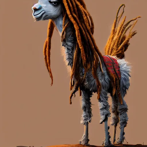 Image similar to llama with dreadlocks, realistic creature concept, heroic pose, by Ian McQue, 4k, artstation