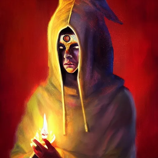Prompt: ( a priestess with a hood that covers half her face carries an incense burner that emits a pleasantly colored flame. ) by anato finnstark, photorealistic, full body portrait, dynamic lighting, beautiful, trending on artstation, wallpaper, 4 k, award winning, digital art, very detailed faces
