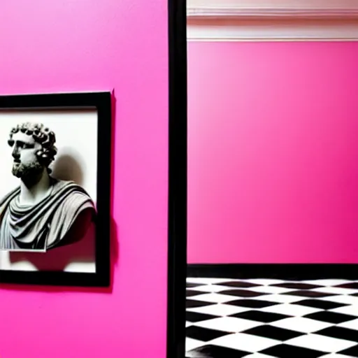 Image similar to a greco - roman marble bust sits on a pink and black checkerboard tile floor, a pink wall in the background with a framed photo of a cityscape at night