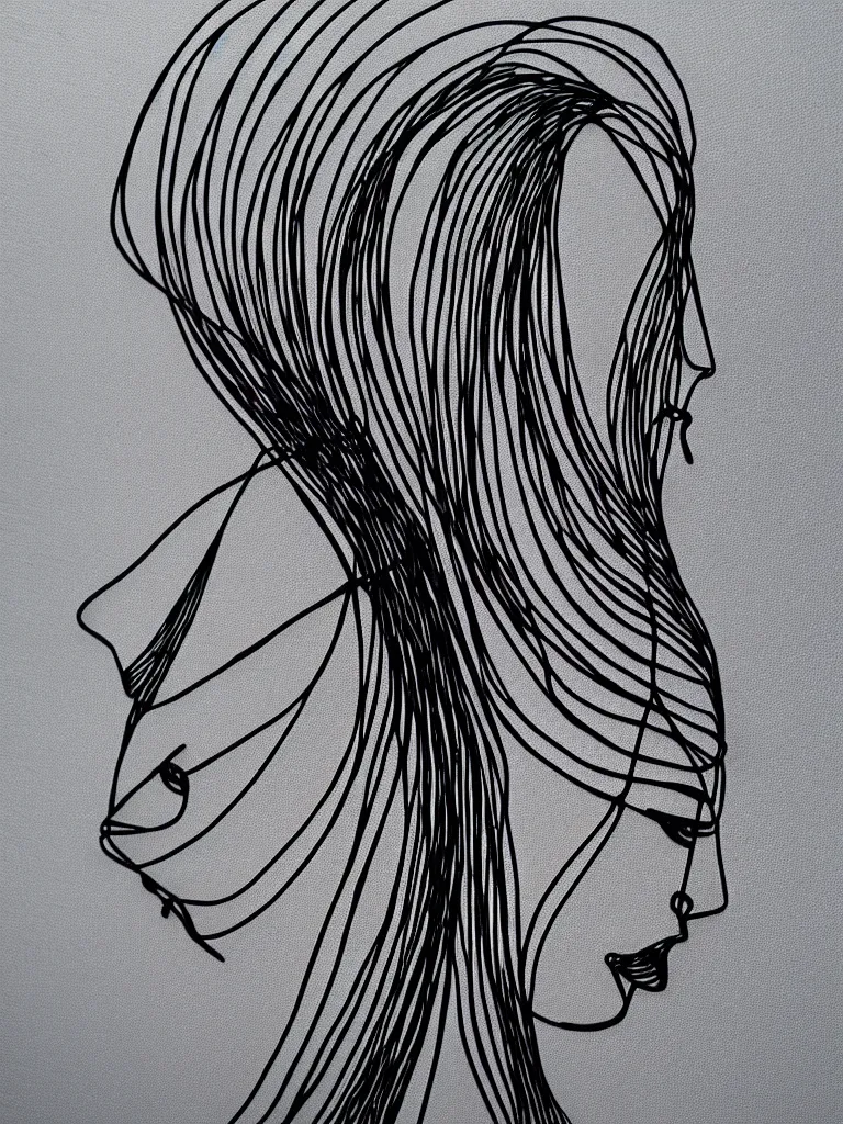 Image similar to elegant minimalist metal wire art of symmetrical and emotional dramatic female facial features and silhouette, influenced by one line drawings, curves, twirls and spirals