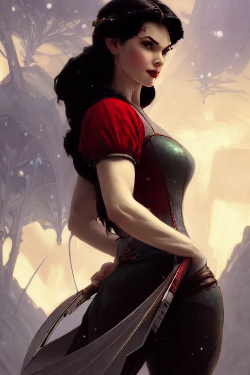 Image similar to gta warrior snow white profile picture by greg rutkowski, dynamic pose, intricate, futuristic, fantasy, elegant, by stanley artgerm lau, greg rutkowski, thomas kindkade, alphonse mucha, loish, norman rockwell, fantasy lut, asymmetric, long hair, retro computer graphics, video game, fluid lines,