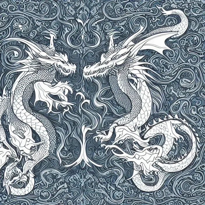 Image similar to epic symmetrical two headed dragon profile with flat design style, monochromatic