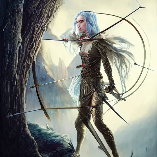 Image similar to detailed photo of elven archer girl, white hair, blue eyes, beautiful, 8 k, by tristan eaton, stanley artgermm, tom bagshaw, greg rutkowski, carne griffiths, trending on deviantart, hyper detailed, glorious lighting, epic environment