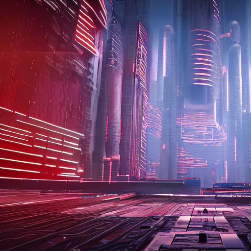 Image similar to photo of a futuristic city in a dystopian future made of electronic components and looks like a giant pcb board. Very detailed 8k. Unreal engine 5 render with nanite, global illumination and path tracing. Cinematic post processing. Emphasize on the colors red and black.