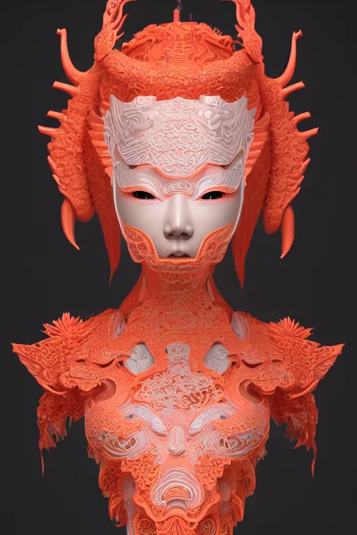 Image similar to 3 d goddess medium shot profile portrait. beautiful intricate highly detailed korean gumiho mask and traditional korean hanbok. stingray, magpie, bio luminescent, plasma, lava, ice, water, wind, creature, volumetric lighting, artwork by tooth wu and wlop and beeple and greg rutkowski, trending on artstation,