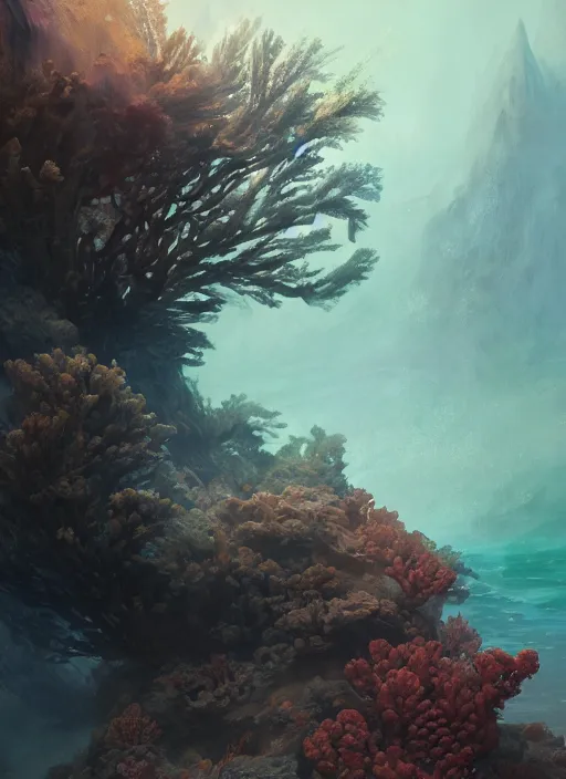 Image similar to Forgotten Deity, corals, plume of seaweed, extremly detailed digital painting, in the style of Fenghua Zhong and Ruan Jia and jeremy lipking and Peter Mohrbacher, mystical colors, rim light, beautiful lighting, 8k, stunning scene, raytracing, octane, trending on artstation