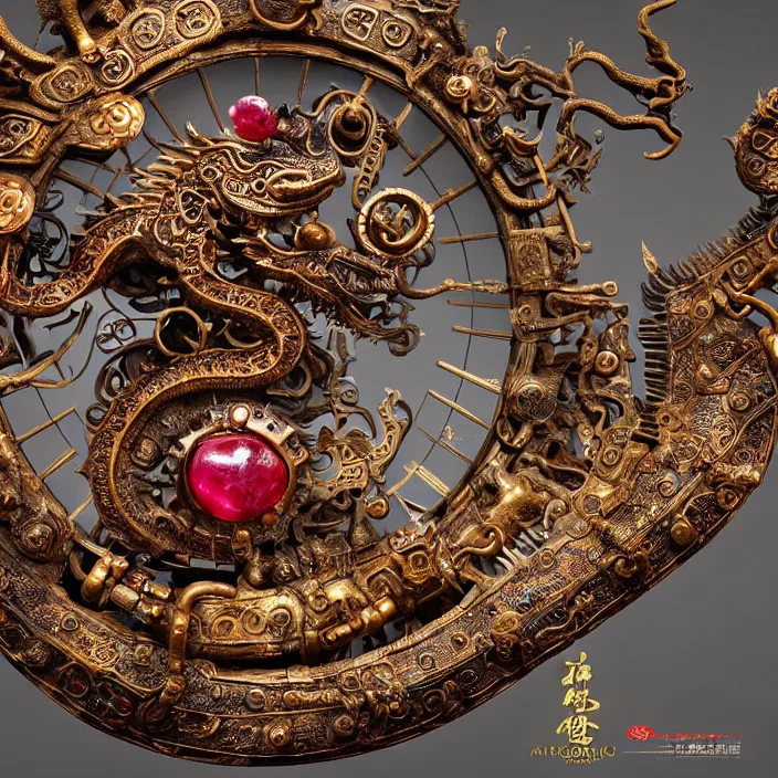 Image similar to highly detailed ancient clockwork artifact depicting a chinese dragon made of bronze and ivory and encrusted with precious rubies, beautiful patina, ethereal, esoteric, zbrush sculpt, octane render, intricate, ornate, cinematic lighting, hyperrealistic, ancient steampunk vibe