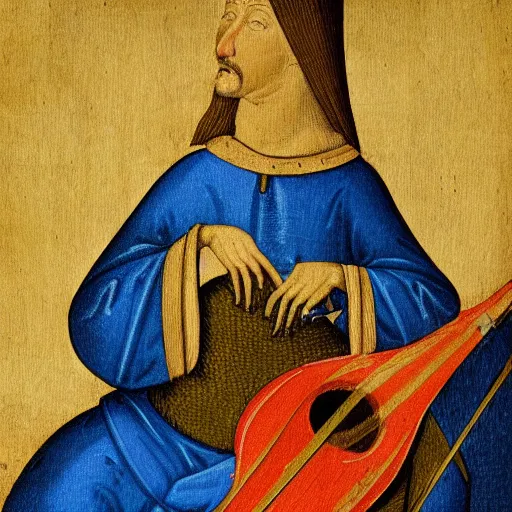 Image similar to medieval portrait of a cat playing lute, colorful