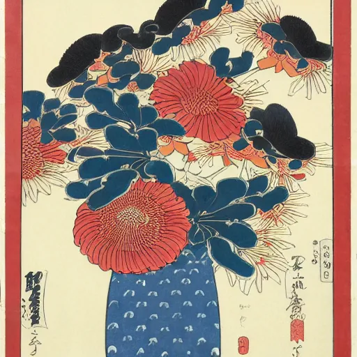 Image similar to bouquet of flowers, centered, symmetrical, ukiyo-e style, Hokusai, Hiroshige