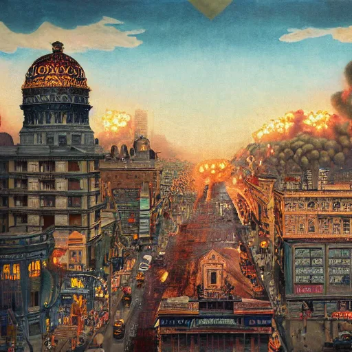 Image similar to nuclear bomb exploding in the center of a city, detailed 1 9 2 0 ’ s colored pencil, highly detailed, highly accurate, deep aesthetic, 8 k, highly ornate intricate details, cinematic lighting, rich colors, ray tracing, hyperrealistic, photorealistic, cinematic landscape, trending on artstation,