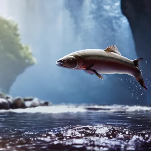 Image similar to movie still of a salmon jumping from a river, splash art, photorealistic features, cinematic lighting, dramatic, octane render, long lens, shallow depth of field, bokeh, anamorphic lens flare, hyper detailed, 3 5 mm film grain