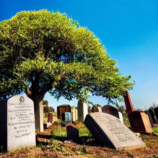 Prompt: a bountiful fig tree growing out of a grave with a defaced tombstone, sunny day, lens flare, colorful, peaceful