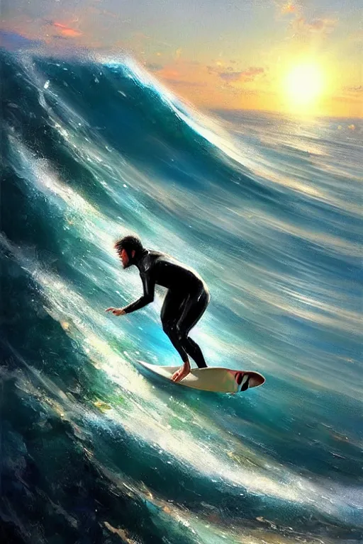 Image similar to keanu reeves surfing, sun lights, painting by daniel gerhartz, alphonse murac, detailed art, artstation