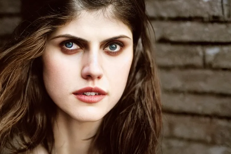 Prompt: closeup portrait Alexandra Daddario in a smoky new york back street, by Steve McCurry and David Lazar, natural light, detailed face, CANON Eos C300, ƒ1.8, 35mm, 8K, medium-format print