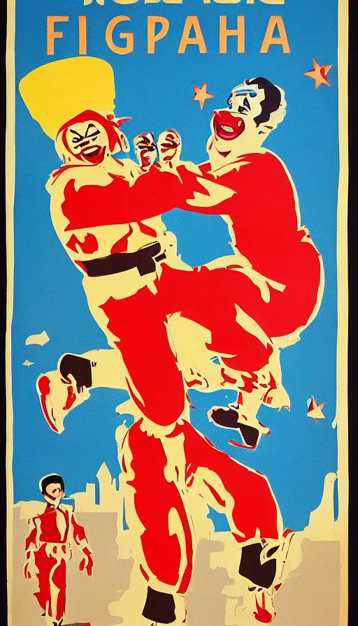 Image similar to a propaganda poster of a clown fight, soviet - era, 1 9 6 0 s, color palette, cold war, colors