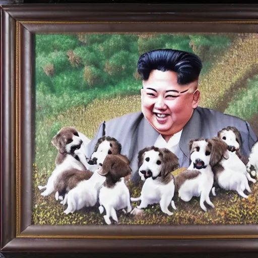 Image similar to oil painting of Kim Jong-un smiling and standing above a crowd of cute puppies in a mountain range, 8k, highly detailed, highly intricate,