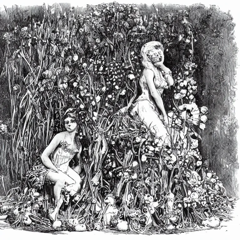 Prompt: a walther caspari illustration in lustige blatter in 1 8 9 9 of a ( young goddess, sitting on a conical!!!! pile! of small skulls ) with huge flowers on tall stalks behind her, black and white pen an ink drawing