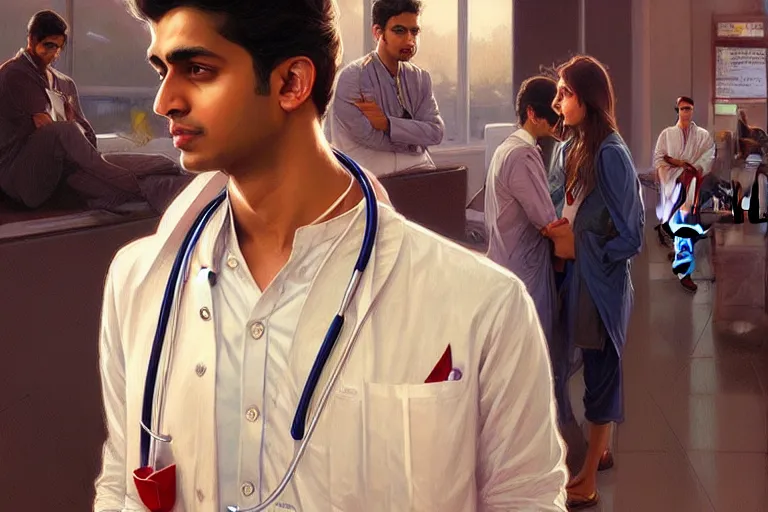 Image similar to Anxious good looking pale young Indian doctors wearing American clothes at the airport, portrait, elegant, intricate, digital painting, artstation, concept art, smooth, sharp focus, illustration, art by artgerm and greg rutkowski and alphonse mucha