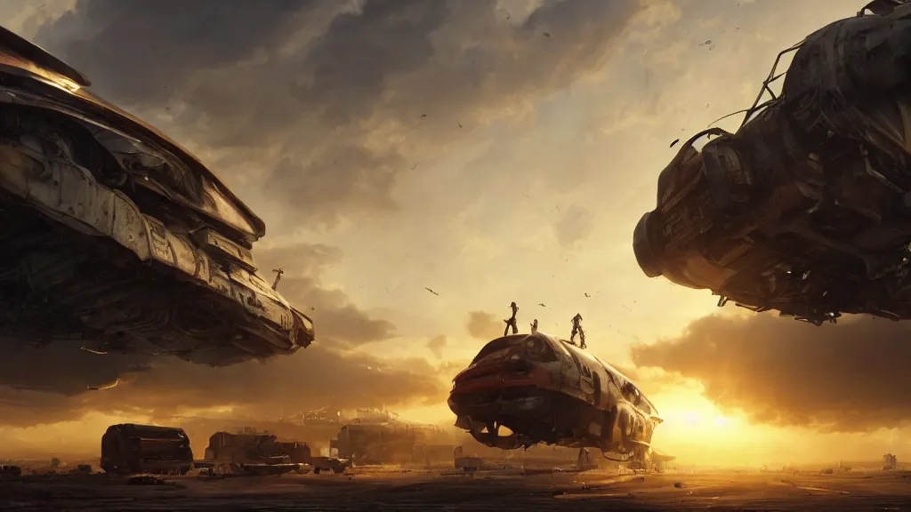 Image similar to a Photorealistic hyperrealistic render of a gigantic spaceship landing at a Junkyard by Greg Rutkowski,Vitaly Bugarov,Stephan Martiniere,Nicolas Bouvier SPARTH,James Paick, Juan Gimenez,PIXAR,dramatic moody sunset lighting,long shadows,Volumetric, cinematic atmosphere, Octane Render,Artstation,8k