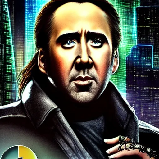 Image similar to nicolas cage, cyberpunk