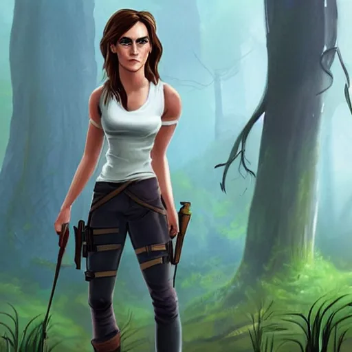 Prompt: emma watson teams up with lara croft, cartoon, rpg character, humblewood art style, concept art, fantasy