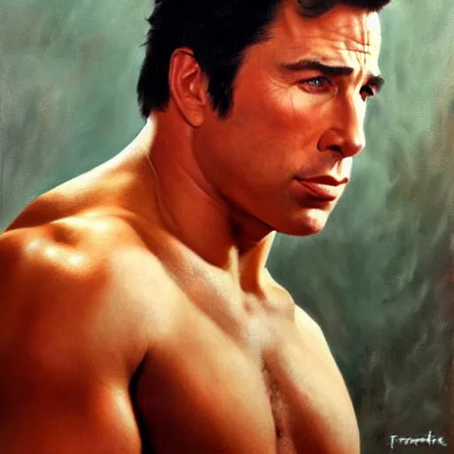 Image similar to ultra realistic portrait painting of john travolta, art by frank frazetta, 4 k, ultra realistic, highly detailed, epic lighting