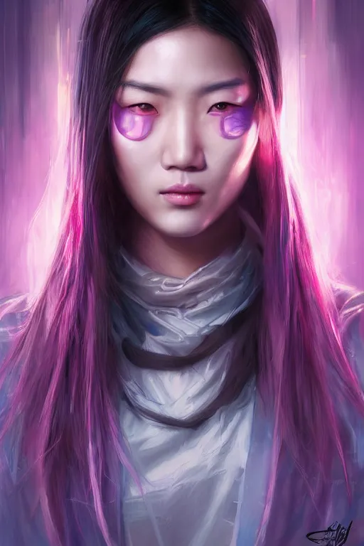 Prompt: stunning highly detailed portrait of a beautiful asian female cyberpunk, frowning, soft lighting, pastel neon colors, oil on canvas, strong lighting, by glenn fabry, by greg staples, by mandy jurgens, hd, 4 k