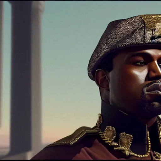 Image similar to kanye west as muammar kadhafi as emperor napoleon in fallout new vegas, splash art, movie still, detailed face, cinematic lighting, dramatic, octane render, long lens, shallow depth of field, bokeh, anamorphic lens flare, 8 k, hyper detailed, 3 5 mm film grain