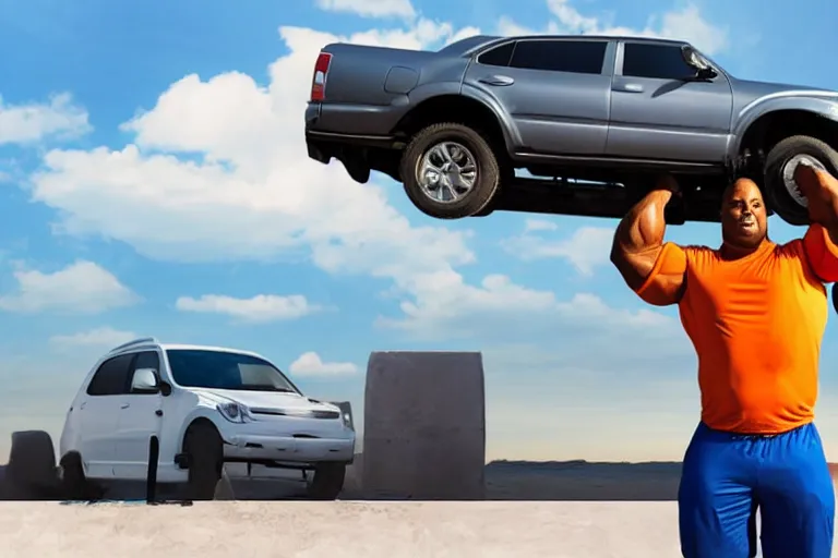 Image similar to a very large man with very strong muscles using both of his hands to hold a vehicle over his head