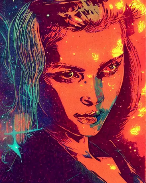 Image similar to a pulp illustration of a gorgeous young woman in dead space, with wild blonde hair and haunted eyes, 1 9 7 0 s, space station, neon light showing injuries, delicate ex embellishments, painterly, offset printing technique