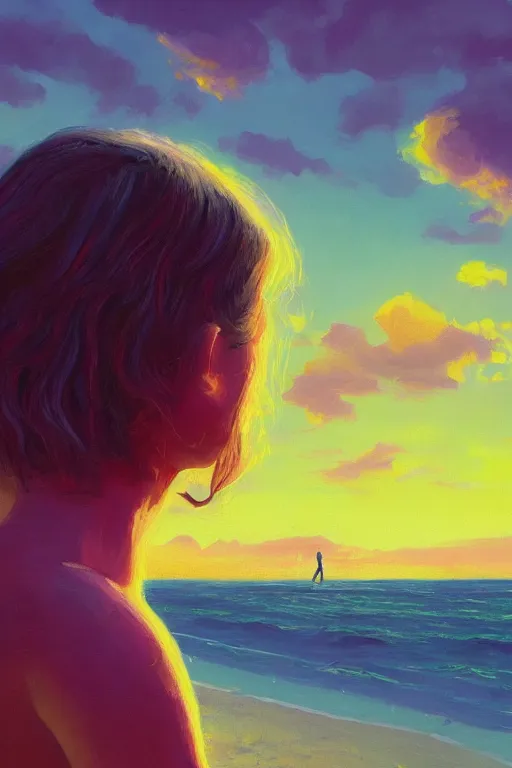 Image similar to closeup, giant lilac head, girl on beach, surreal photography, golden hour, colorful clouds, impressionist painting, digital painting, artstation, simon stalenhag