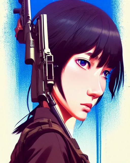 Image similar to girl holding a rifle | | very very anime!!!, fine - face, audrey plaza, realistic shaded perfect face, fine details. anime. realistic shaded lighting poster by ilya kuvshinov katsuhiro otomo ghost - in - the - shell, magali villeneuve, artgerm, jeremy lipkin and michael garmash and rob rey