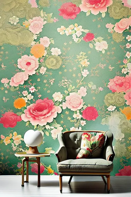 Image similar to Maximalism Chinoiserie floral wallpaper by Craig Mullins, pixar, Anato finnstark