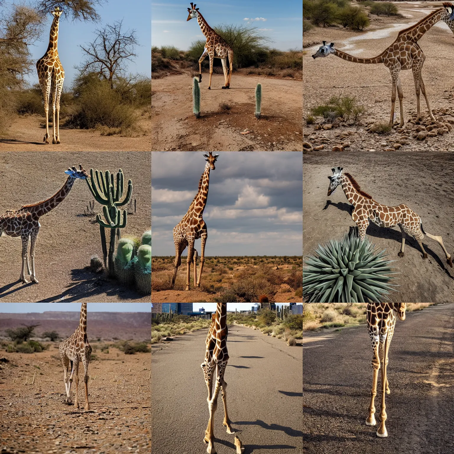 Prompt: a giraffe walking along a dried up riverbed past a cactus in london