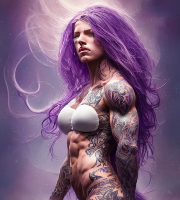 Prompt: muscular female singer, perfect face, intricate tattoos, purple flowing hair, abs, cinematic, blush, stunning, athletic, moist, strong, agile, highly detailed, hard focus, sensual lighting, art by jessica rossier and brian froud