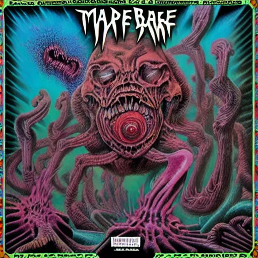 Prompt: thrash metal album cover in the style of wayne barlowe and kenny scharf and mark arian, realistic, insanely detailed, soft, smooth, airbrush, play-doh