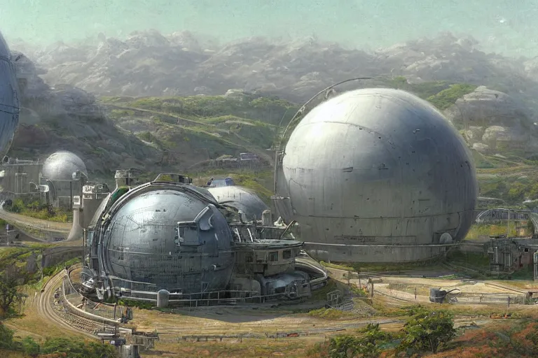 Prompt: an impressive science fiction big factory with a spherical architecture designed by boeing military and star wars with fat cables and pipes at its base, on a beautiful green hill in a the french countryside during spring season, painting by studio ghibli backgrounds and louis remy mignot hd, nice lighting, smooth tiny details, soft and clear shadows, low contrast, perfect